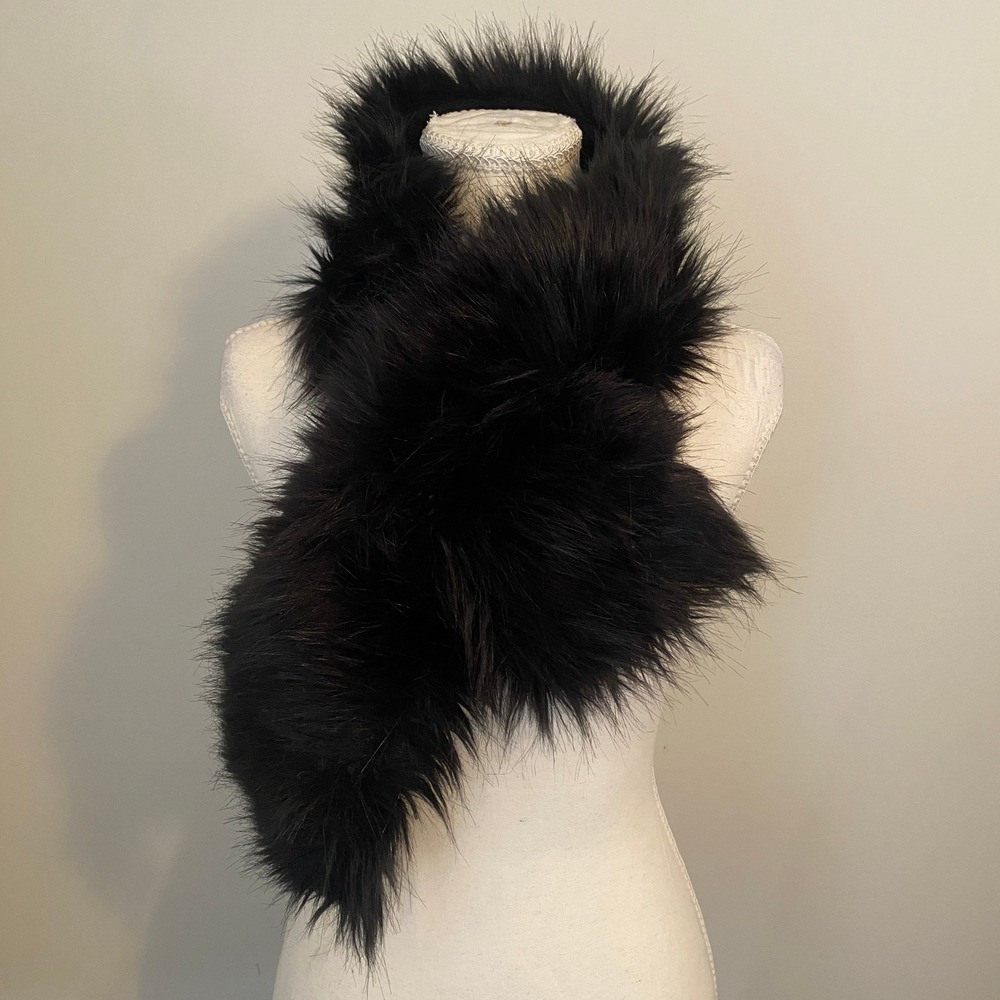 J.Crew Scarf Women OS Black Faux Fur Pull-Through Stole Plush Winter Wrap Glam